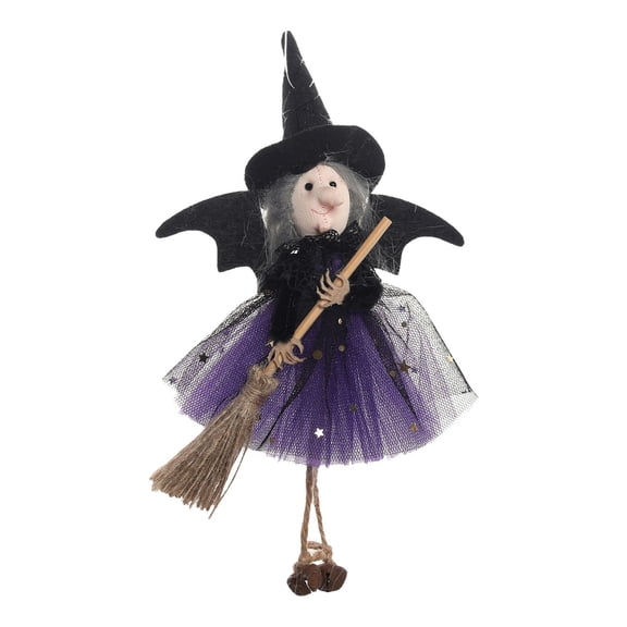 Halloween Witch Doll Decor with Broomstick for Indoor Outdoor Party Decoration, 9.4 Inch Hanging Witch Figurine for Home Display (Purple)