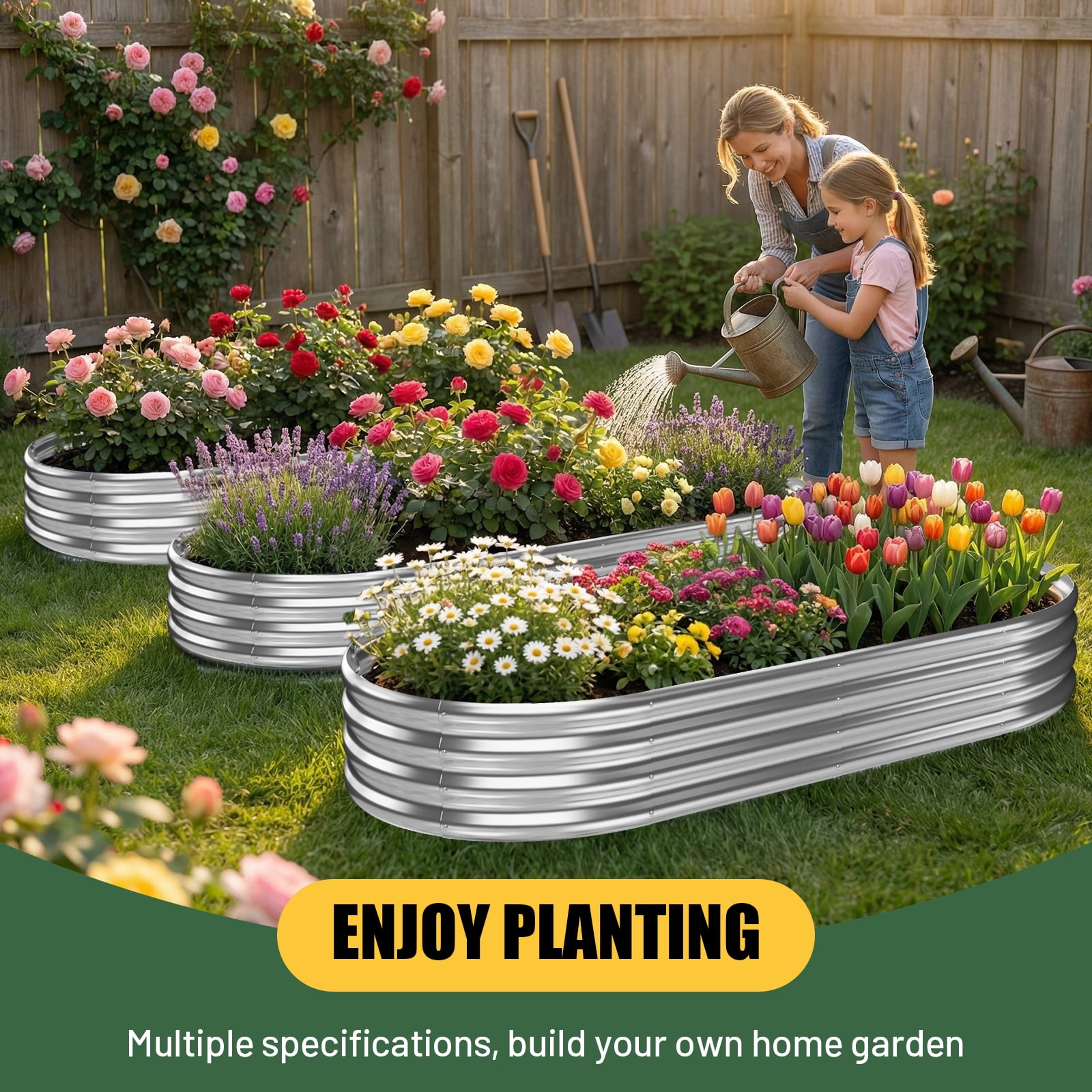 Land Guard 3 pack 8×4×1ft Raised Garden Bed，Outdoor Galvanized Planter Boxes, Oval Large Metal Raised Garden Beds for Vegetables