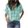 thumbnail image 2 of Womens Summer V Neck Plaid Shirts Short Sleeve Collared Basic T Shirts Tops Loose Comfy Work Casual Blouses with Pockets, 2 of 7