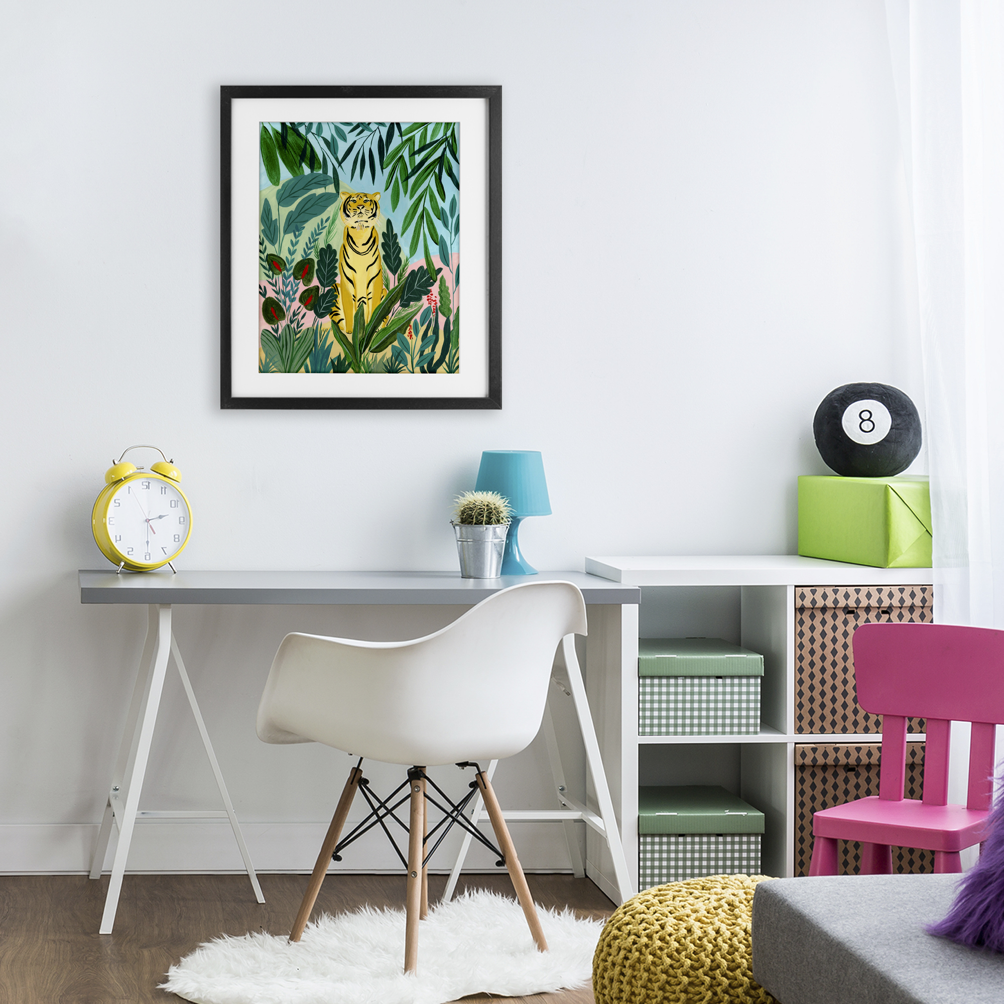Stoic Tiger Tropical Forest Black Framed Print Under Glass, design by Nabeela Rumi