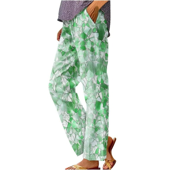 HomeGardon,Linen Pants Women Women's Printed Rolled Casual Pocket Straight Leg Pants,L-XXXXL