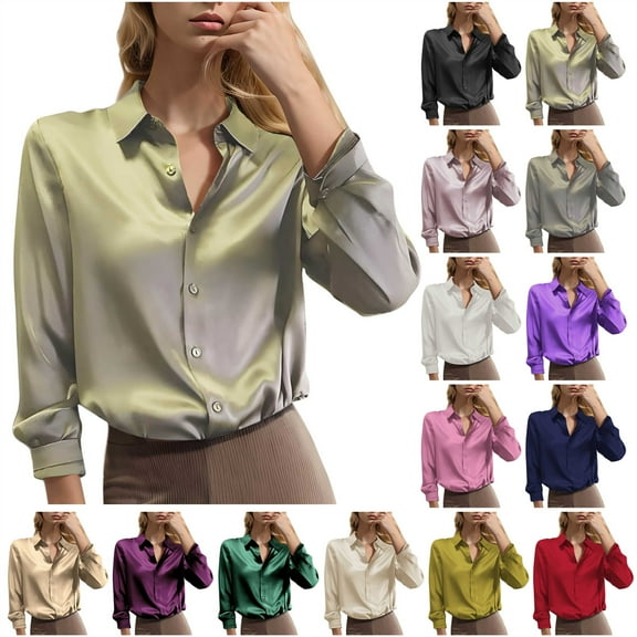 QATAINLAV Silk Satin Blouses for Women Office Button Up Long Sleeve Shirts Solid Casual Dressy Business Tops, Beige, XXXL