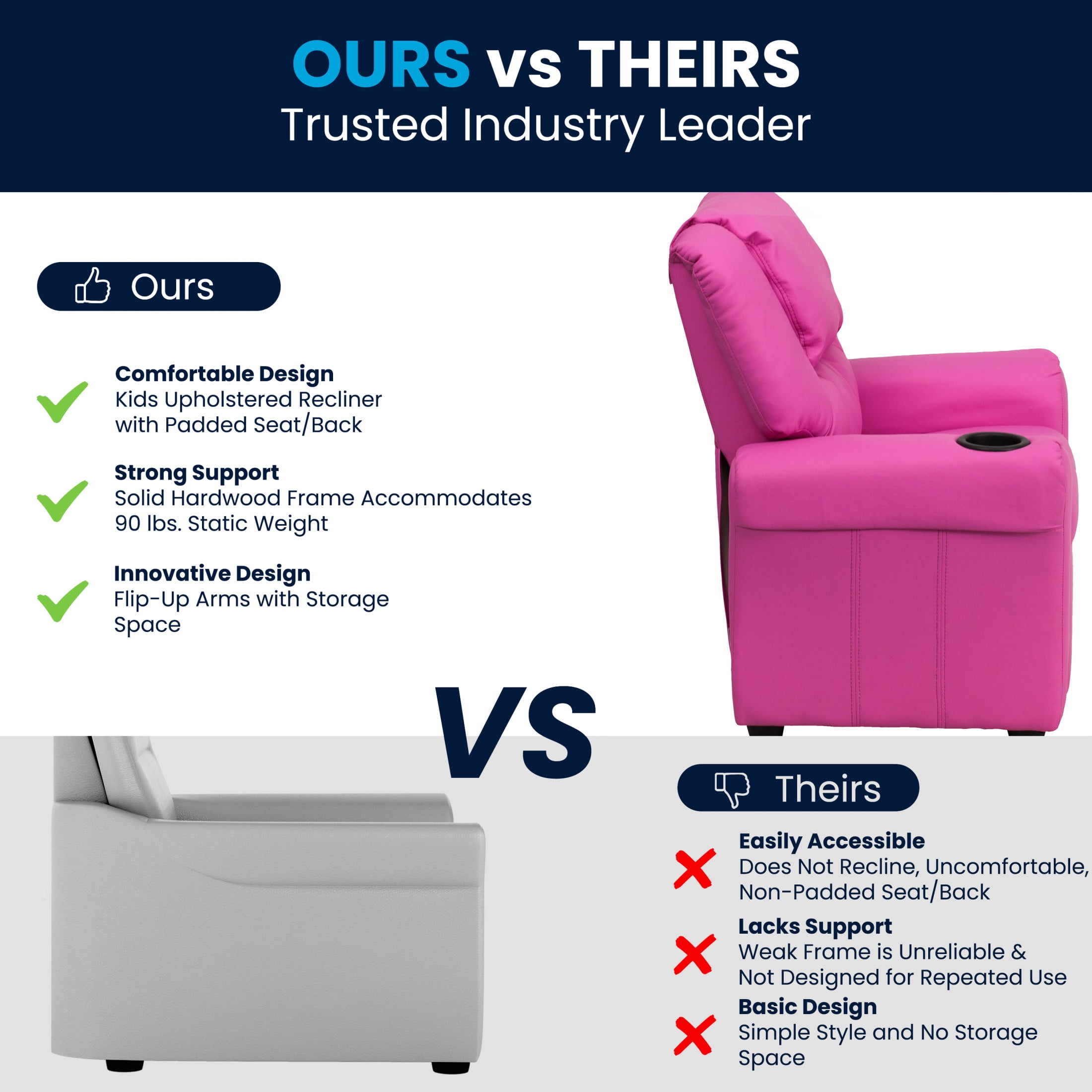 Flash Furniture Vana Contemporary Hot Pink Vinyl Kids Recliner with Cup Holder and Headrest