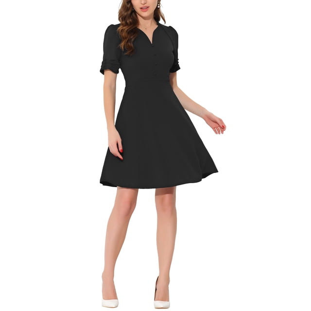 INSPIRE CHIC Robe de Bureau pour Femme à Encolure Cœur Plissée à Manches Courtes Robe Fourreau Ligne A S Noir