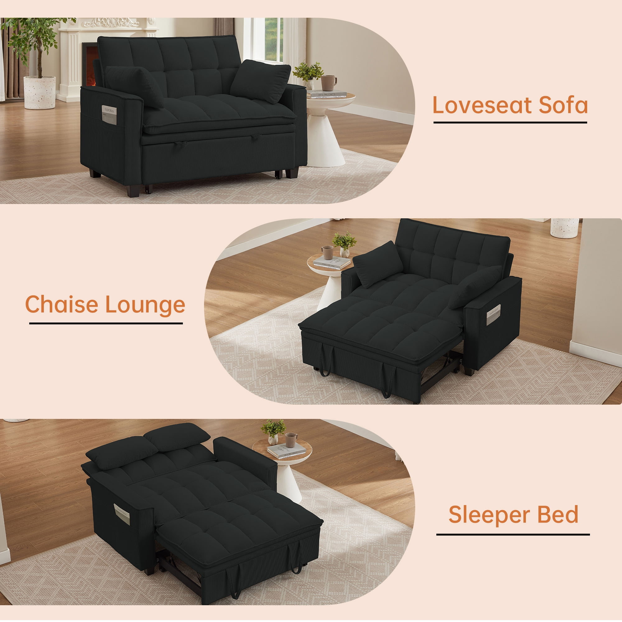 Soscana Convertible Sofa Bed Loveseat with Adjustable Backrest,3 in 1 Sleeper Sofa Pull Out Bed Reclining Couch with 2 Lumbar Cushions and Storage Side Pockets for Living Room,Apt,Office,Studio