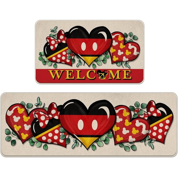 Welcome Kitchen Rugs Set of 2, Red Love Heart Eucalyptus Leaves Kitchen Mats Decor, Anniversary Wedding Floor Door Mat Home Decorations - 17x29 and 17x47 Inch