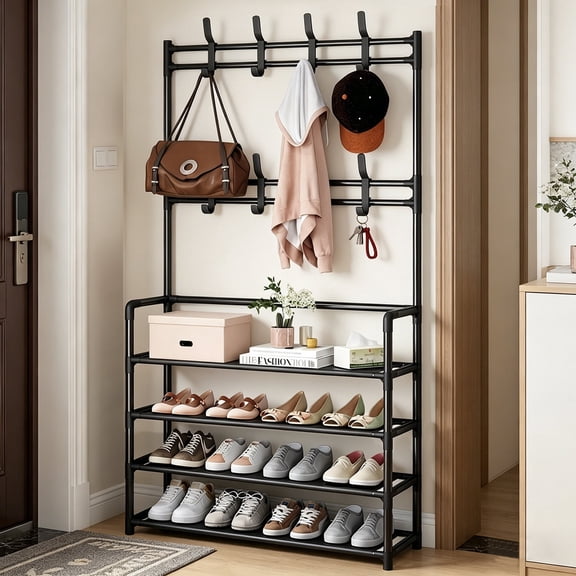 NUBILY 4 Tier Coat and Shoe Rack with Storage Shelf Freestanding with 8 Removable Hooks for Entryway Bedroom Closet Modern Industrial Style Coat Tree,Black