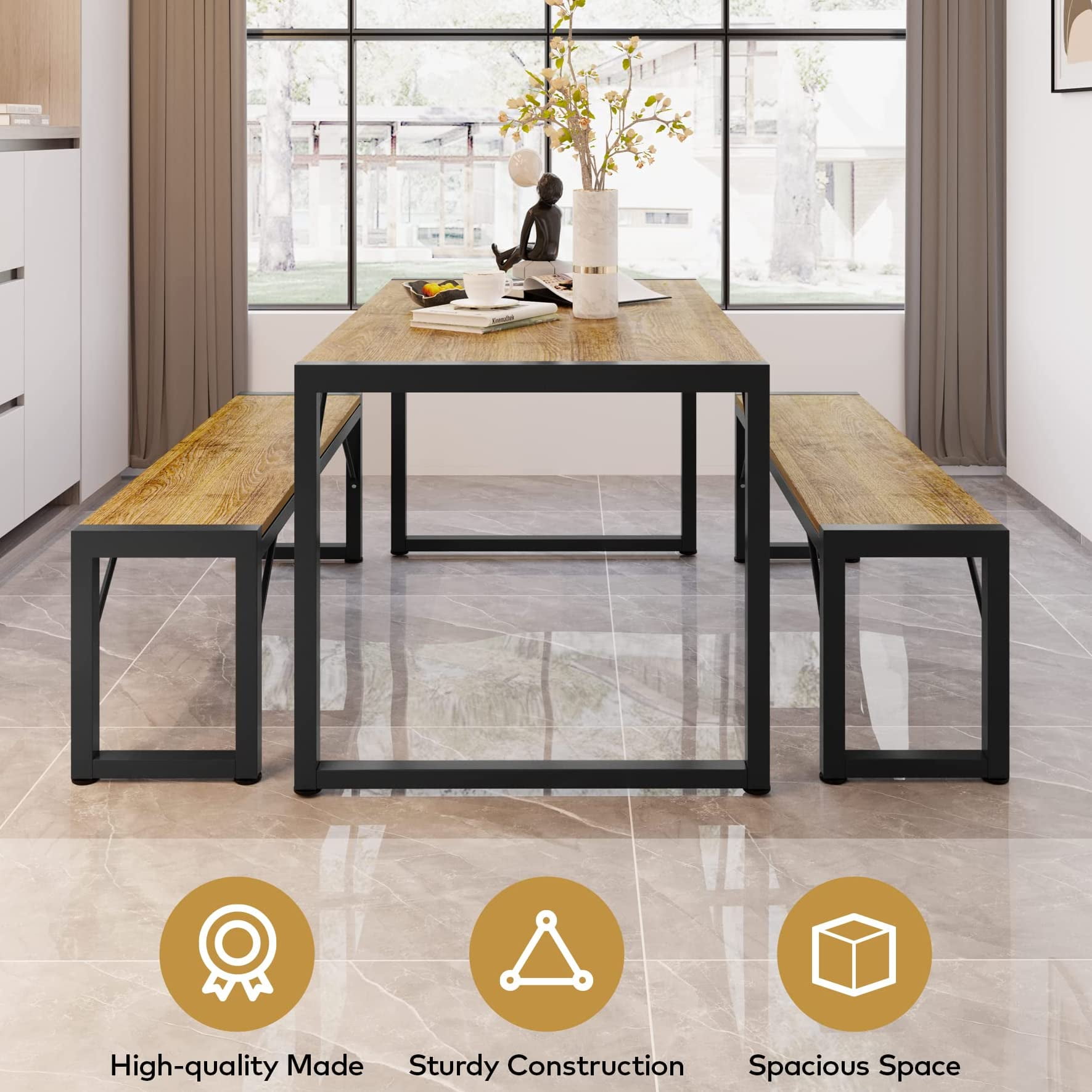 Lofka Dining Table Set for 4 with Benches - Solid Wood Kitchen Table for Small Spaces, Breakfast Nook & Apartments (Vintage Brown)