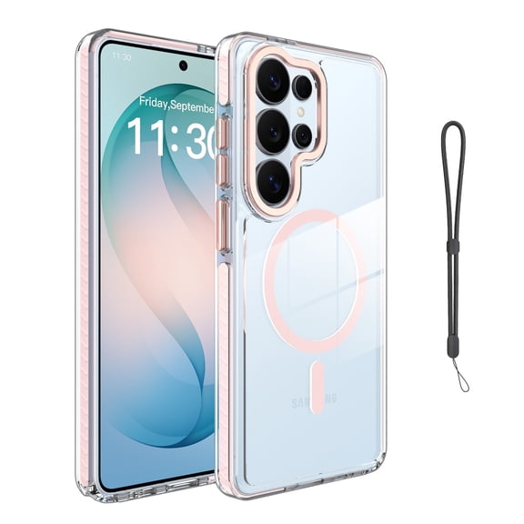 Mynvo Case for Samsung Galaxy S26 Ultra with Wrist Strap, Clear Back Cover Support Wireless Charging Slim Lightweight Hard PC Rugged Non-Slip Anti-Fingerprint Shockproof Bumper, Pink