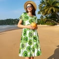 thumbnail image 4 of Picia Green Kiwi Pattern Women's Short Sleeve Summer Dress Pleated Loose Swing Knee Length Short Sleeve Swing Dresses, 4 of 6