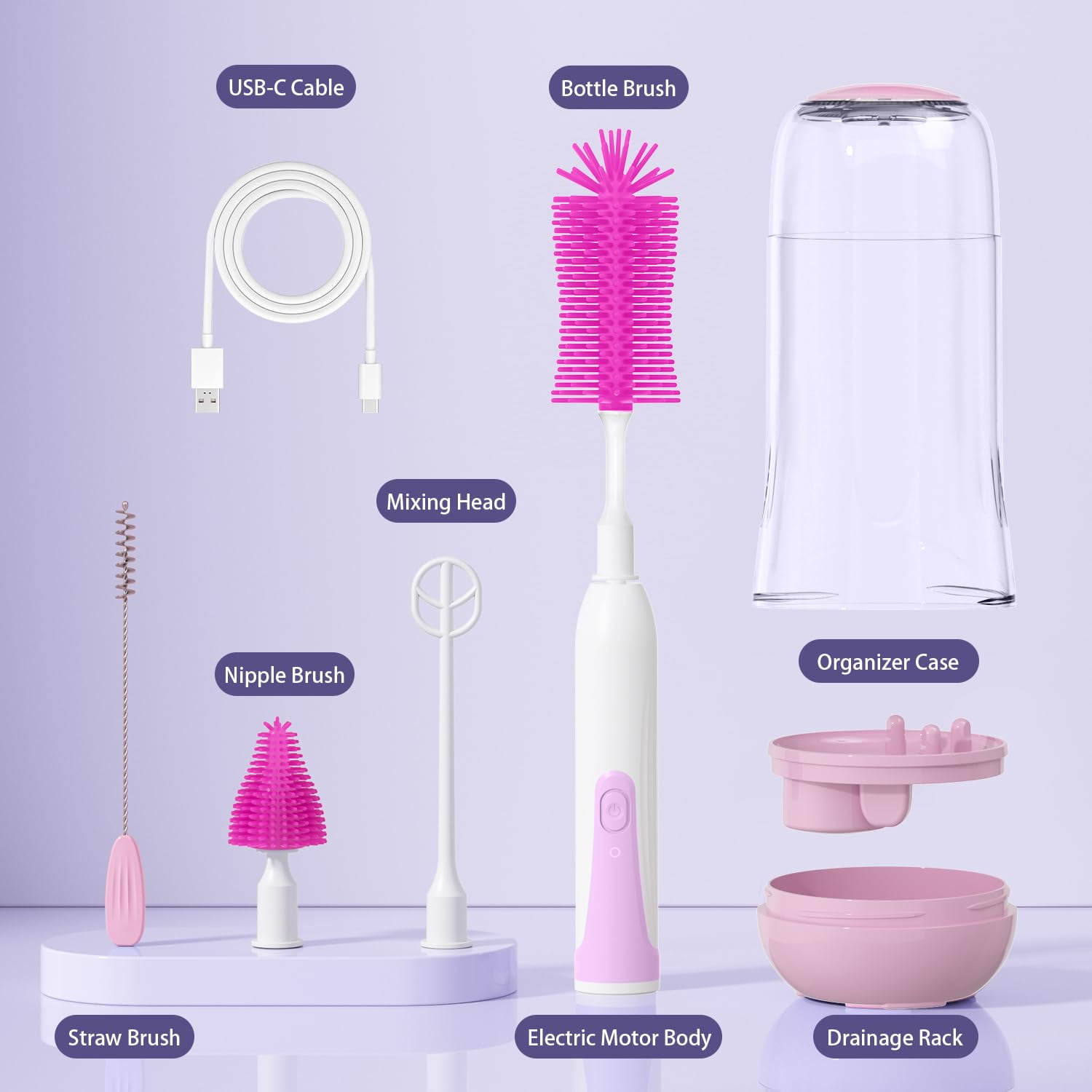 Electric Bottle Brush Cleaner, Portable Rechargable Baby Bottle Brush Kit for Travel with Silicone Nipple & Straw Brush, Drainage Rack, Storage Box, Perfect Essentials Gift for Mom After Birth