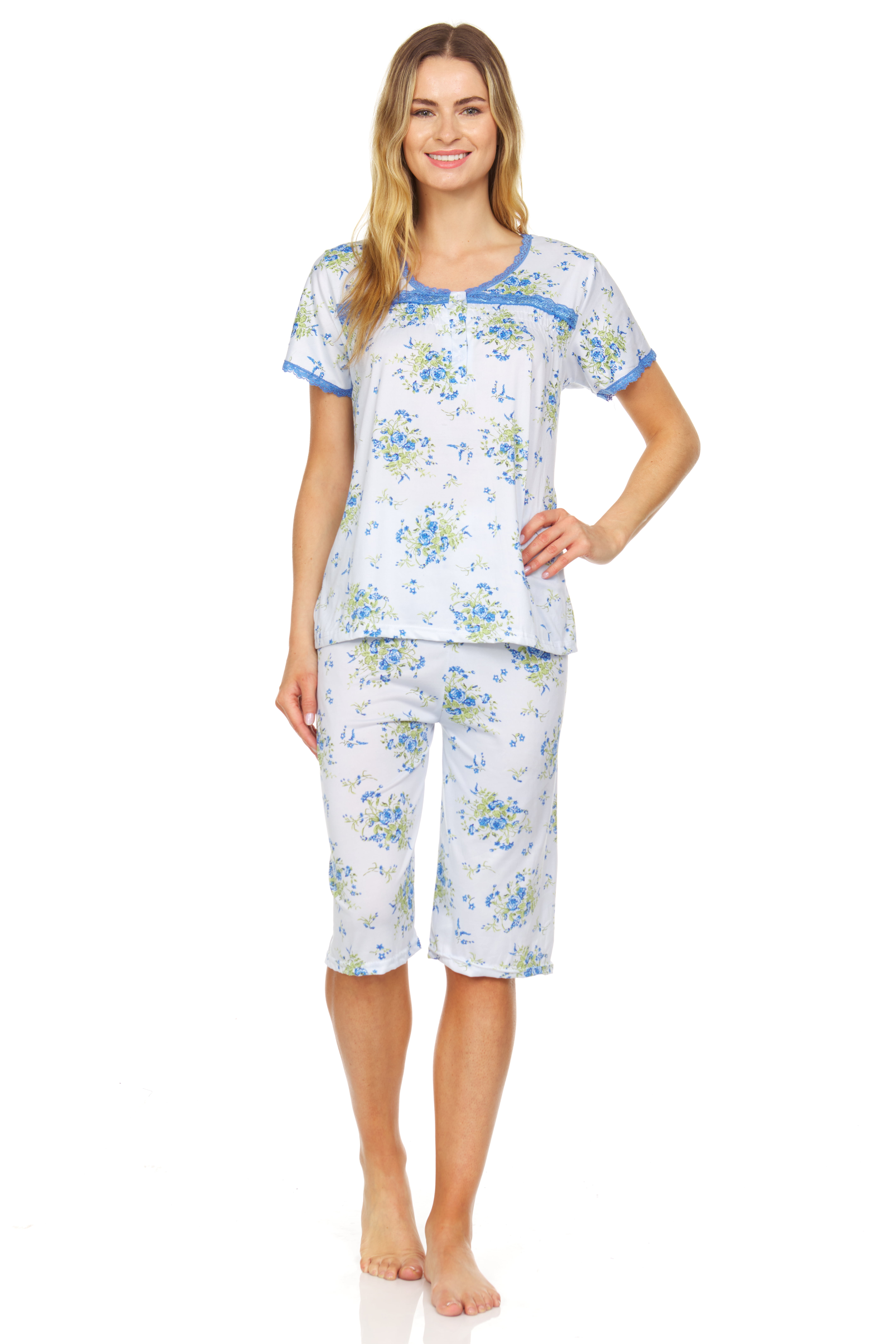 5201C Womens Capri Set Short Sleeve Sleepwear Pajamas Woman Sleep Nightshirt Blue XL