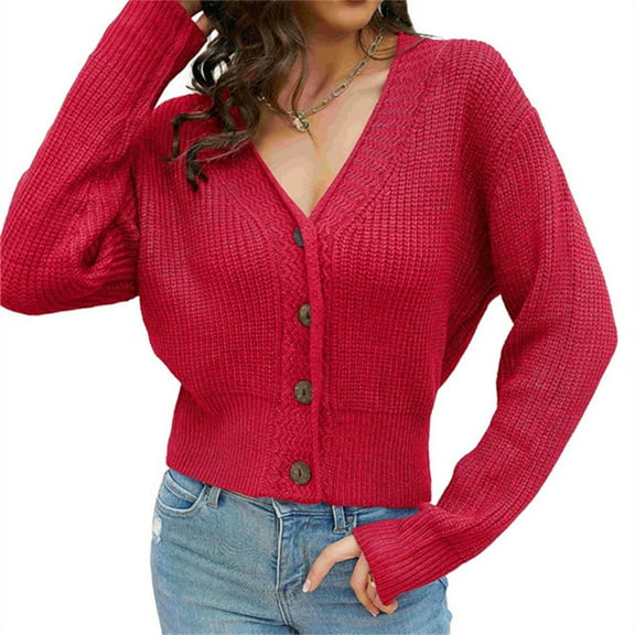 Long Sleeve V-Neck Women Knit Cardigan Buttons Cropped Sweater