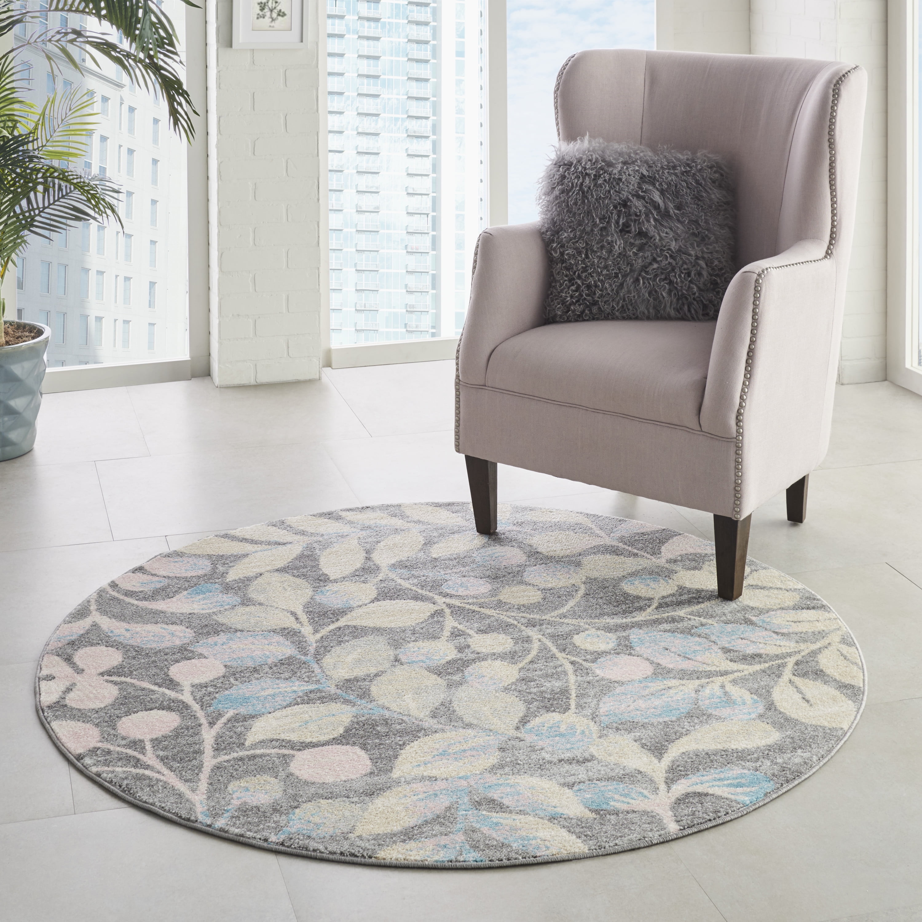 Serene Contemporary Botanical Grey/Beige 5'3" x ROUND Area Rug, (5' Round)