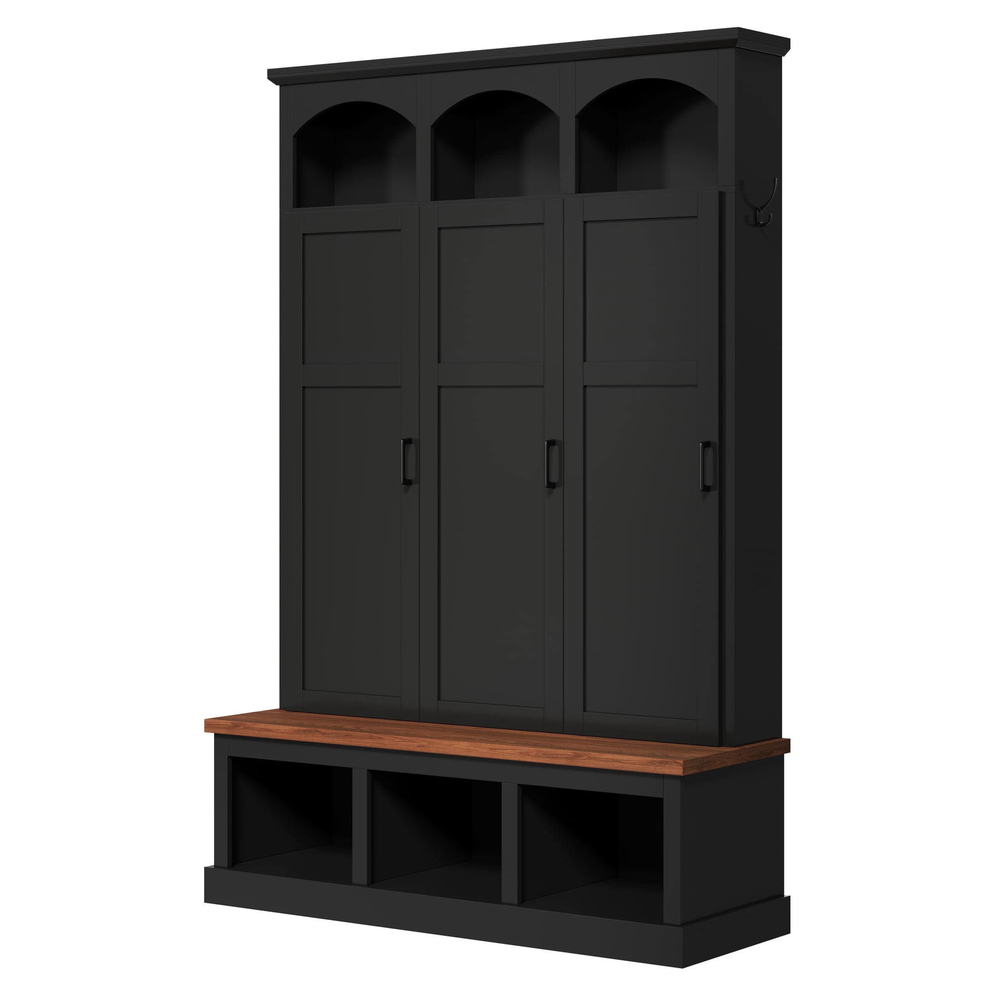 Homy Casa 49.2" Entryway Hall Tree with Bench, Storage Doors, Hooks & Lower Cubbies, Black