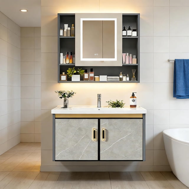Gabinete de Baño de Lavamanos y Armario con Espejo Ajustable en 3 Colores, Armario de Pared para Baño con Grifos de Agua Caliente y Fría, Tuberías de Desagüe, Estante, 60*40*38cm (Gris Marble)