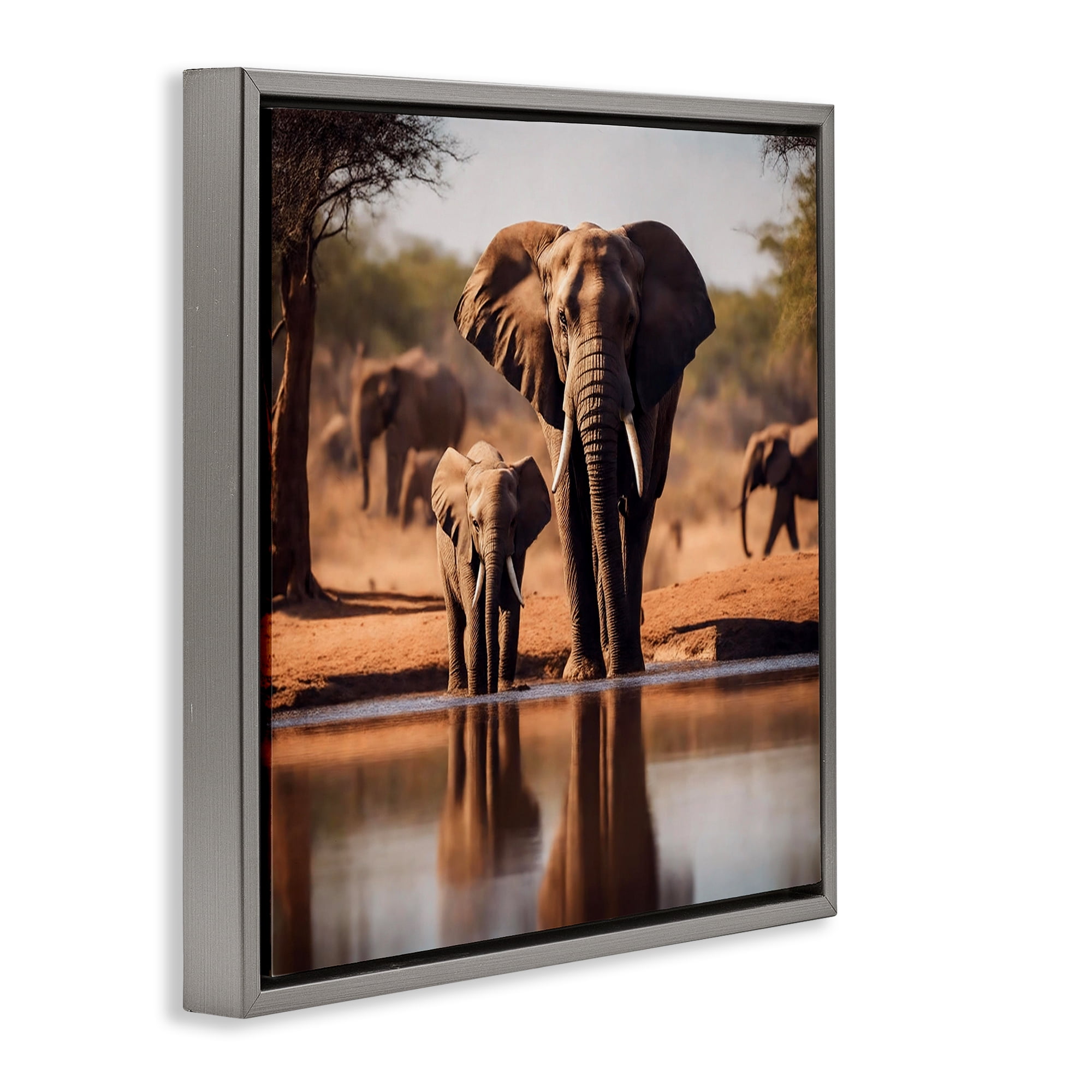 Stupell Industries Elephant & Calf at Waterhole Animals Photography Gray Floater Framed Canvas Art Print Wall Art, 25 x 25