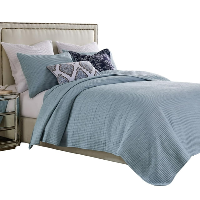 Juego de ropa de cama Benzara Fys Queen, tejido en jacquard azul, 3 piezas