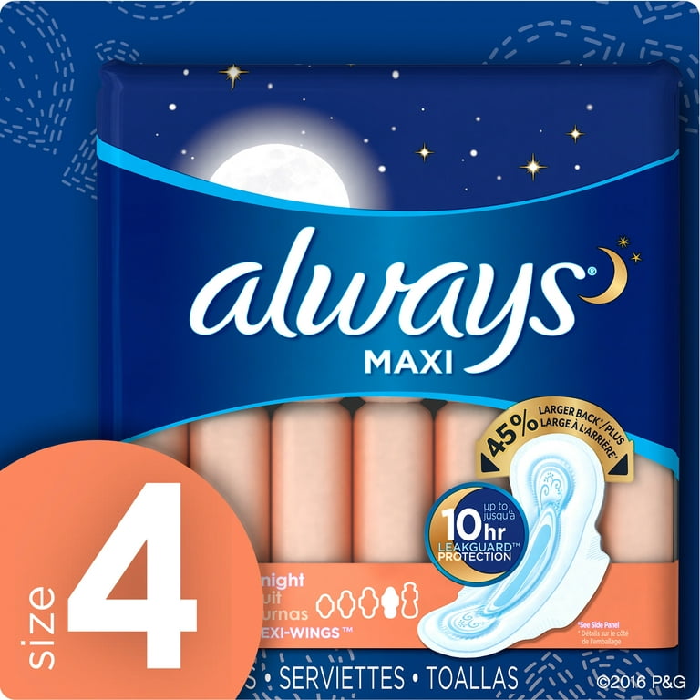 Always Maxi Size 4 Overnight Pads with Wings, Unscented, 36 Count 