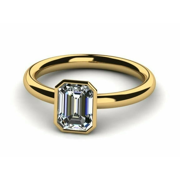 HeartsAndYou 1ct Engagement Ring for Women Emerald Cut Moissanite Bezel Set Solitaire 18k Yellow Gold Over Silver