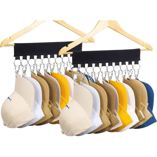 Organizador de sombreros para gorras de béisbol, perchas para sombreros para armario con 10 clips de soporte grandes, accesorios (paquete de 2) negro