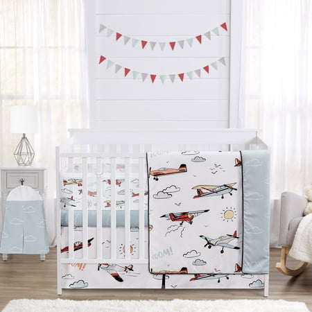 Sweet Jojo Designs Airplane Red Blue and White Crib Bedding + BreathableBaby Breathable Mesh Liner Pad