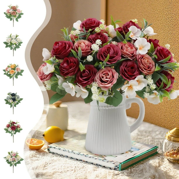 Ramo de Rosas Artificiales | Paquete de 2 Flores para Decoración de Bodas | Pequeños Arreglos Florales Artificiales para El Hogar y Eventos | 28 Cm