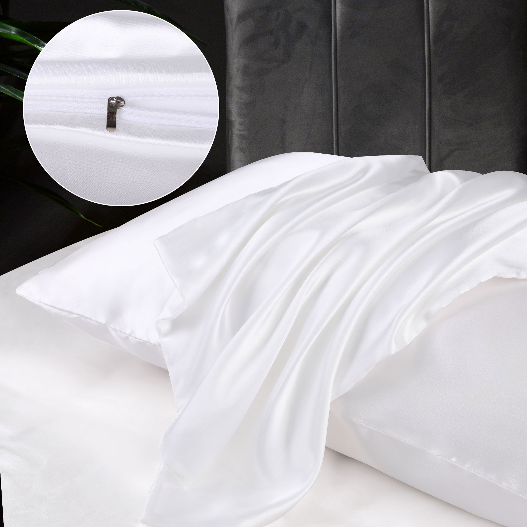 Unique Bargains Satin Set of 2 Zipper Closure Pillowcases White 20"x26"