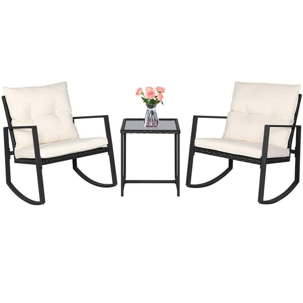 Suncrown 3 Piece Outdoor Patio Wicker Bistro Rocking Chair Set Two Chairs With Glass Coffee Table Beige White Cushion Black Com - Black And White Woven Patio Chairs