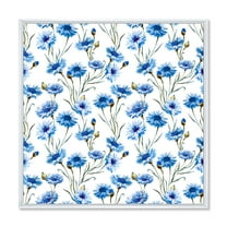 Blue Cornflowers With Green Leaves On White II 30 in x 30 in Framed Painting Canvas Art Print, by Designart