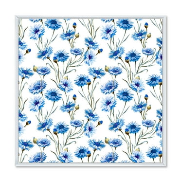 Blue Cornflowers With Green Leaves On White II 30 in x 30 in Framed Painting Canvas Art Print, by Designart