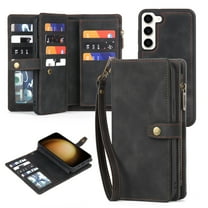 for Samsung Galaxy S23 Plus Case, Wallet Case for Women Men, Durable PU Leather Magnetic Flip Lanyard Strap Wristlet Zipper Card Holder Wallet Phone Cases for Samsung Galaxy S23 Plus, Black
