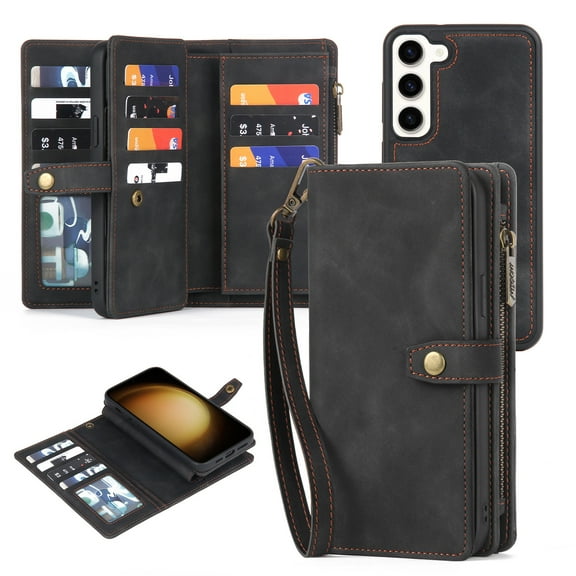 ELEHOLD Multi-Functional Wallet Case for Samsung Galaxy S23,with Large Capacity 11 Card Slots Zipper Bag Magnetic Detachable Phone Case Wriststrap Shockproof Luxury Case 6.1" - Black