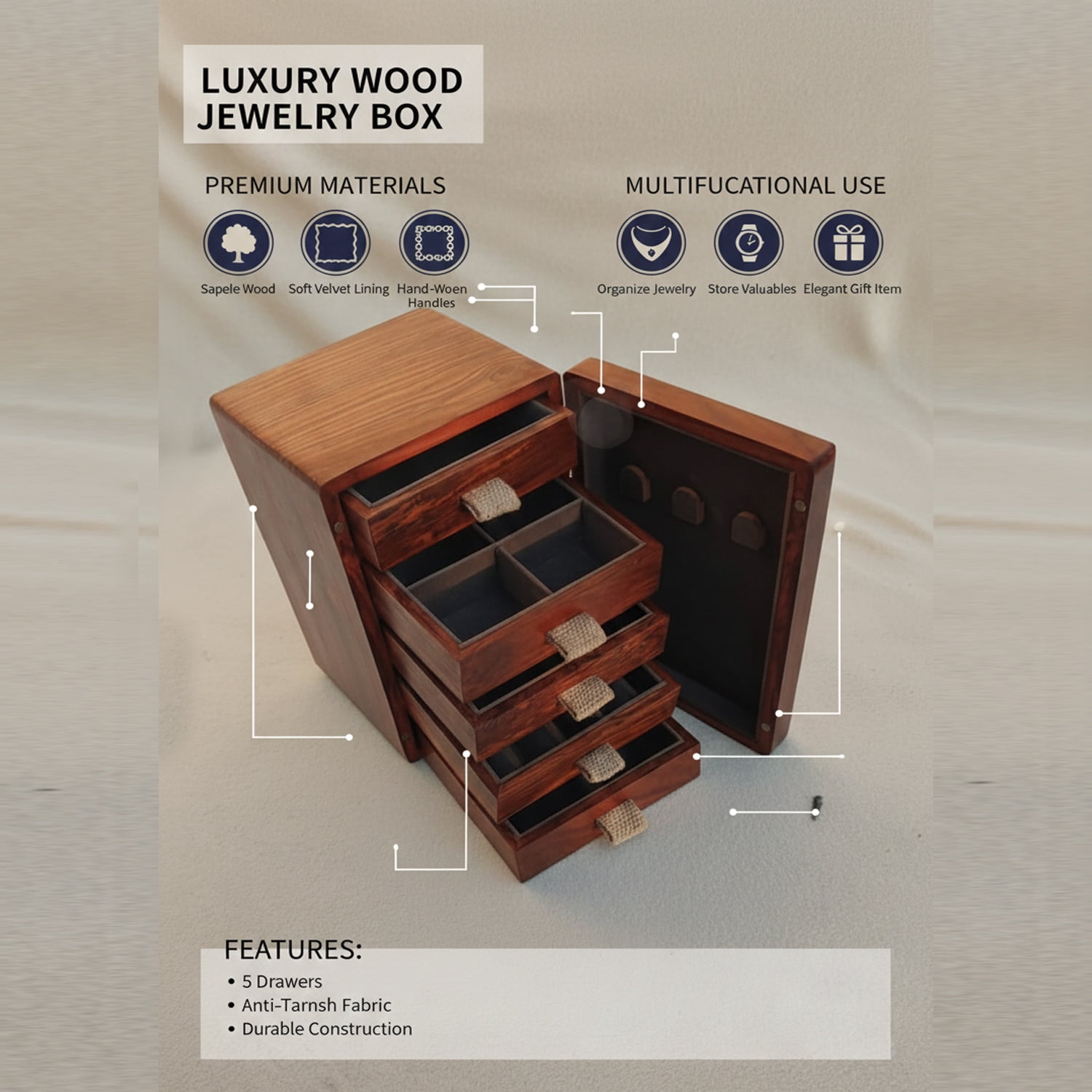 Handcrafted Wooden Jewelry Organizer Box with Drawers & Door – Multi-Layer Storage Case for Rings, Necklaces, Earrings – Vintage Solid Wood Vanity Organizer