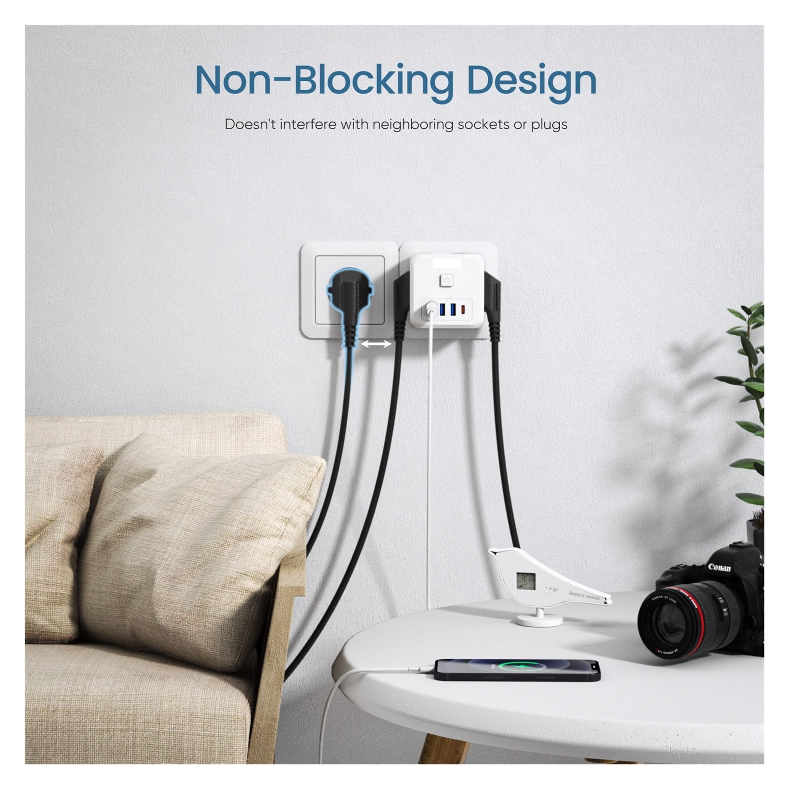 Power Strip With 3 AC Outlets +3 USB Charging Ports+ 1 Type C 5V 2.4A Adapter 7-in-1 Socket On/Off Switch