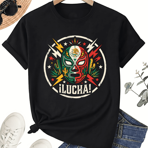 Unisex Mexican Lucha T-Shirt, Lightning Mask Fiesta Graphic, 100% Cotton Short Sleeve Tee