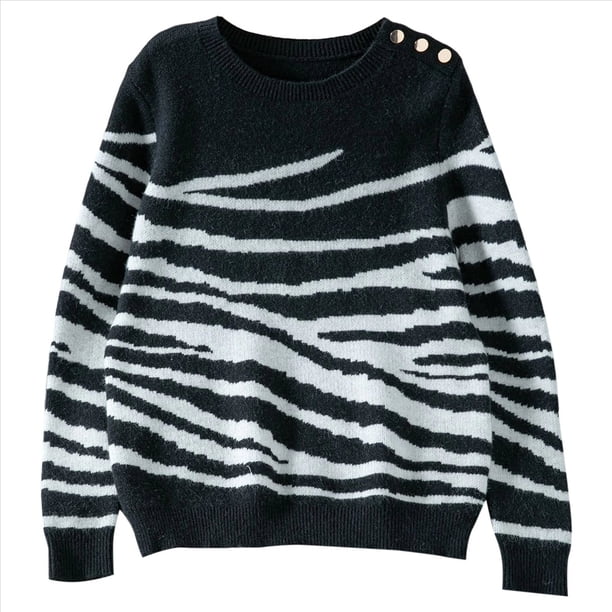 Suéter Informal de Cuello Redondo y Larga para Mujer, Otoño e Invierno, con Rayas en Contraste y Botones en los Hombros Negro XL