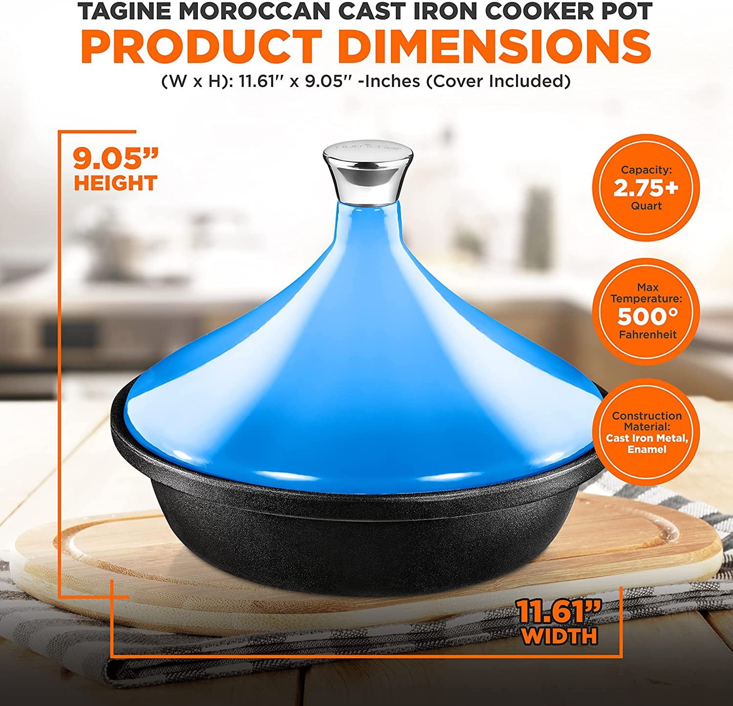 NutriChef Cast Iron Moroccan Tagine - 2.75 Quart Tajine Cooking Pot with Stainless Steel Knob, Enameled Base, Cone-Shaped Enameled Lid, Blue