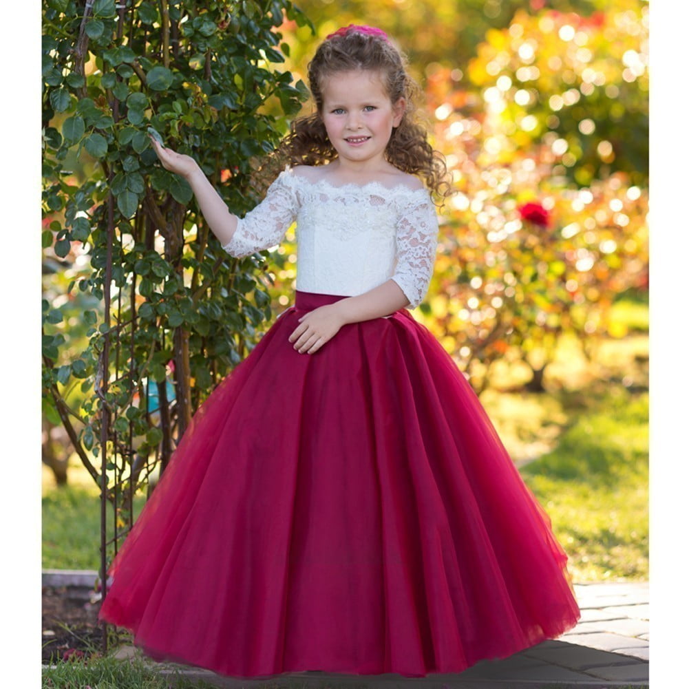 white burgundy flower girl dress