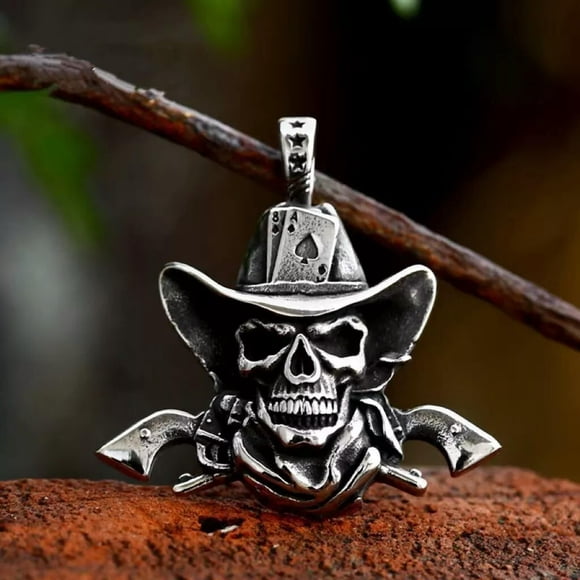HOOUN Men's Silver Western Cowboy Skull Pendant Punk Biker Necklace Stainless Steel