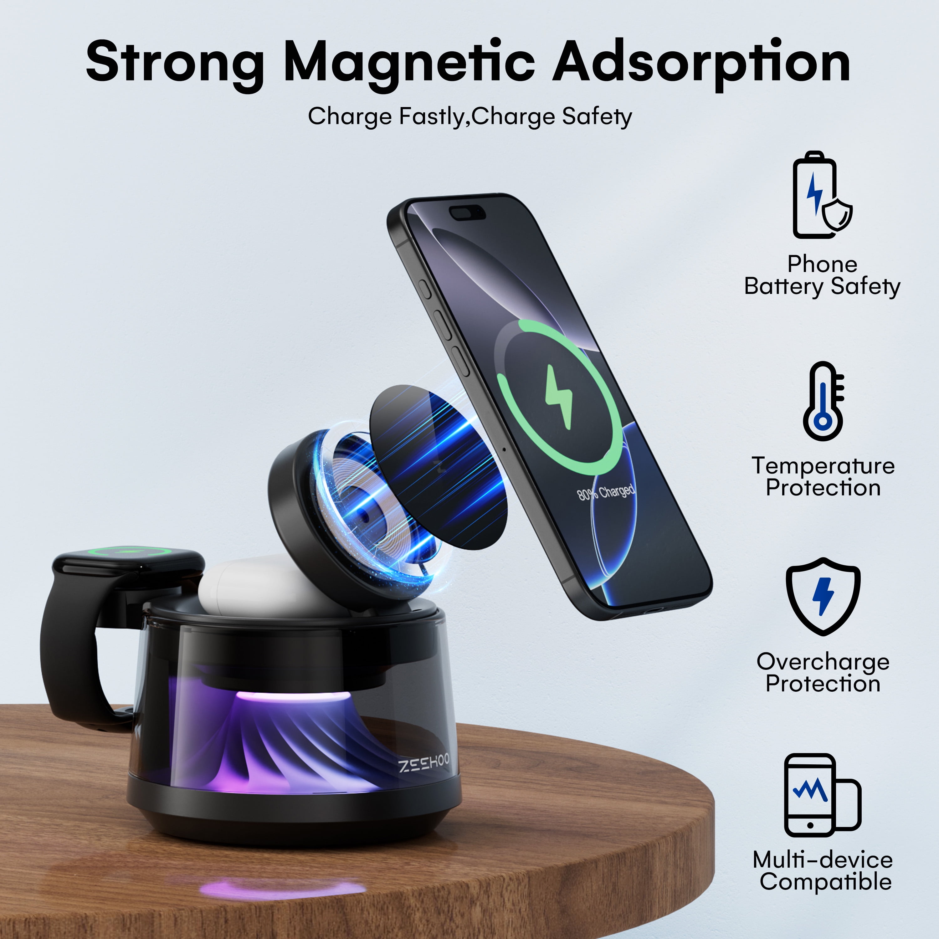 ZEEHOO 4-in-1 Wireless Charging Station with Night Light – 15W Fast Charger Stand for iPhone, AirPods & Apple Watch, Multi-Mode LED Lamp with Warm Light, RGB Flow & Breathing Colors