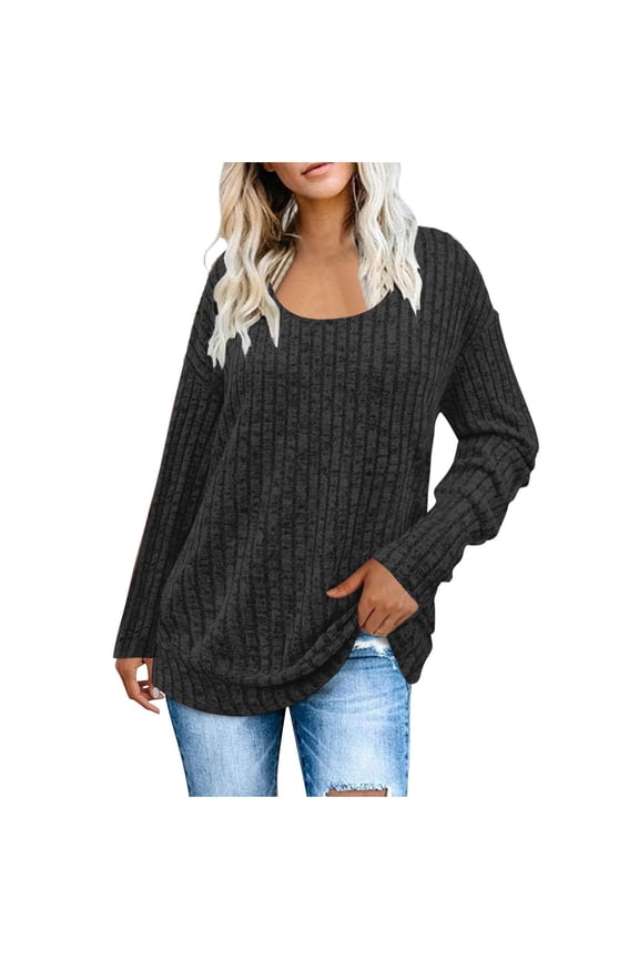 Ladies' Fashion Solid Color Ribbed Knit Scoop Neck Drop Shoulder Long Sleeve Tunic Dressy Top Black M