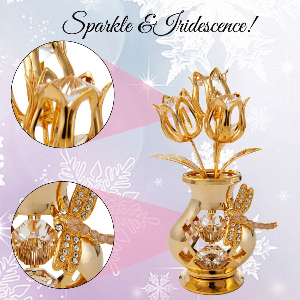 Matashi Home Decorative Tabletop Showpiece 24k Gold Plated Crystal Studded Flower Ornament In A Vase With Decorative Dragonfly Clear Crystals Walmart Com Walmart Com