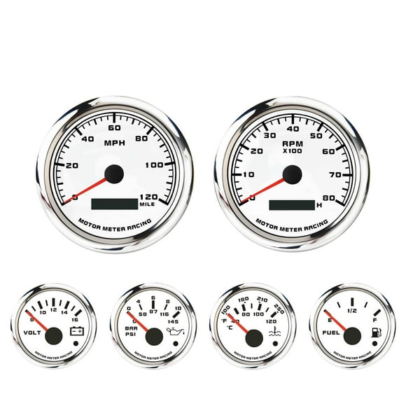 MOTOR METER RACING W PRO Series 6 Gauge Set - 85mm 3-3/8" GPS Speedometer & Tachometer 52mm 2-1/16" Volt, Fuel Level, Water Temperature & Oil Pressure White Dial Red LED - for Car, Boat & Truck