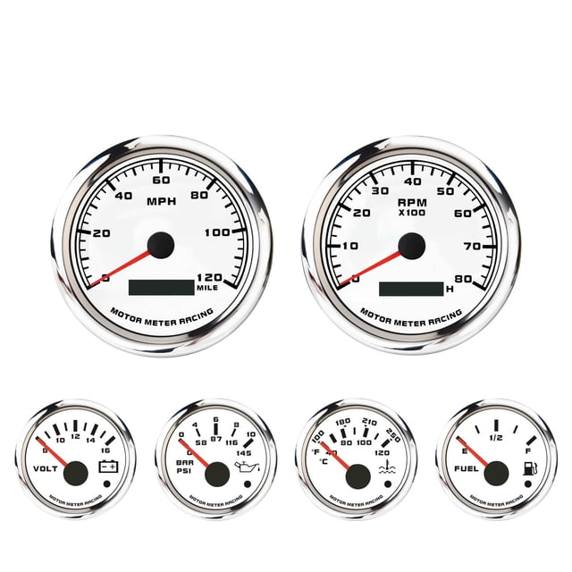 MOTOR METER RACING W PRO Series 6 Gauge Set - 85mm 3-3/8" GPS Speedometer & Tachometer 52mm 2-1/16" Volt, Fuel Level, Water Temperature & Oil Pressure White Dial Red LED - for Car, Boat & Truck