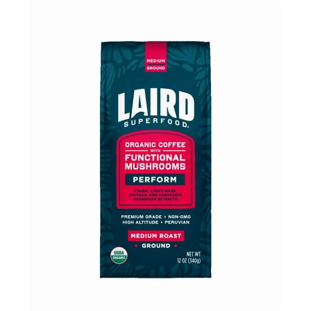Laird Superfood Peruvian Medium Roast Coffee with Functional Mushrooms, Certified Organic Peruvian Ground Coffee Beans, Gluten-Free, Dairy-Free, Non-GMO, Paleo, Keto Friendly, 12 oz. Bag