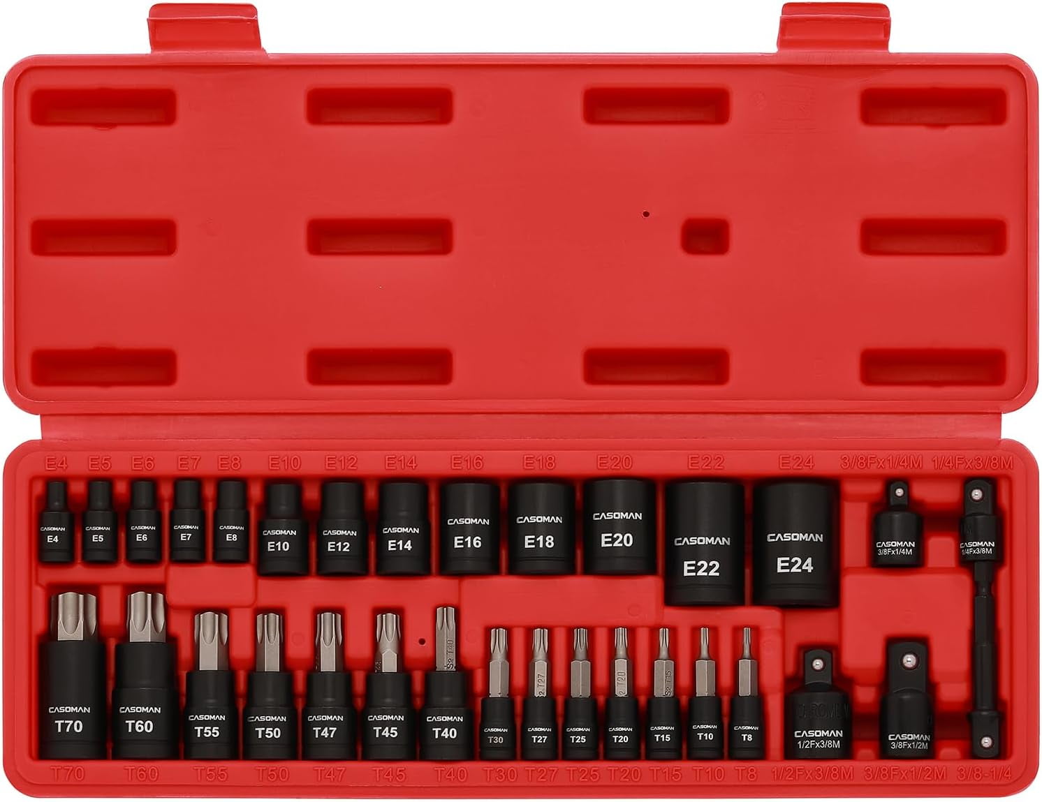 32-Piece Torx Bit Socket and Female External Socket Set, 14 Star Bits (T8- T70) and 13 Female E-Torx Sockets (E4-E24), Include 5 Impact Socket Adapter