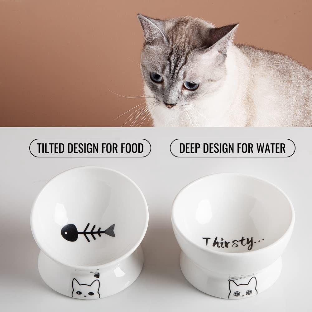 SWEEJAR Raised Cat Bowls Set, Tilted Food Bowl and Deep Water Bowl, Ceramic Pet Bowl Collection for Cats and Small Dogs, Set of 2 (White)