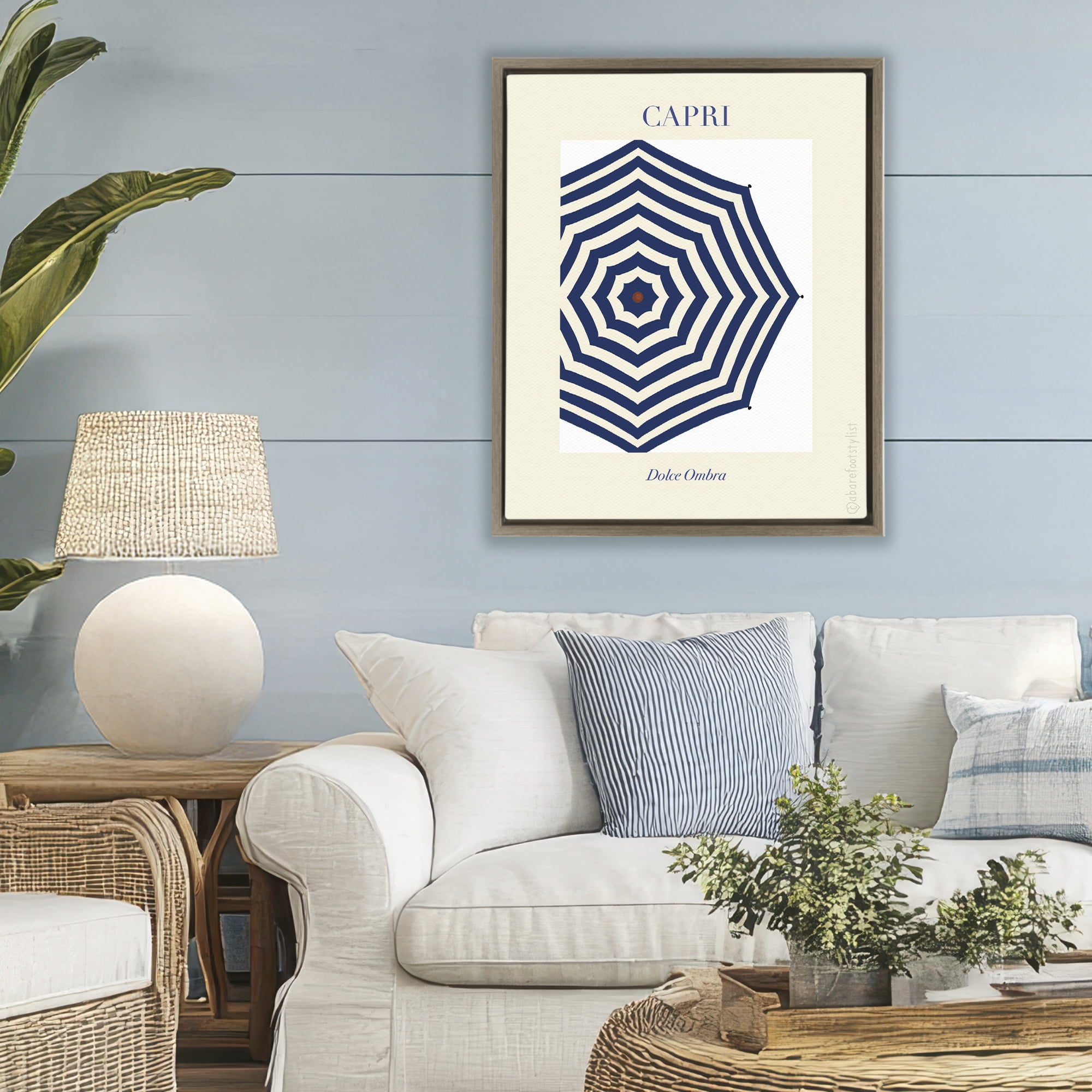 Stupell Industries Capri Striped Umbrella Brown Framed Floater Canvas Wall Art, design by A Barefoot Stylist