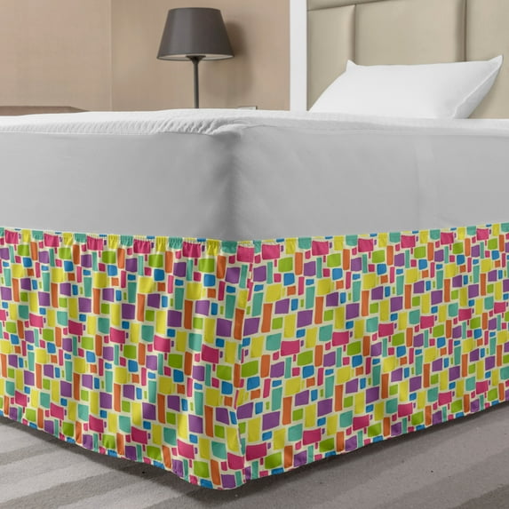 Colorful Bed Skirt, Hipster Funky Mosaic of Color Blocks and Rectangles Cartoon Style Illustration, Elastic Bedskirt Dust Ruffle Wrap Around for Bedding Decor, 4 Sizes, Multicolor, by Ambesonne